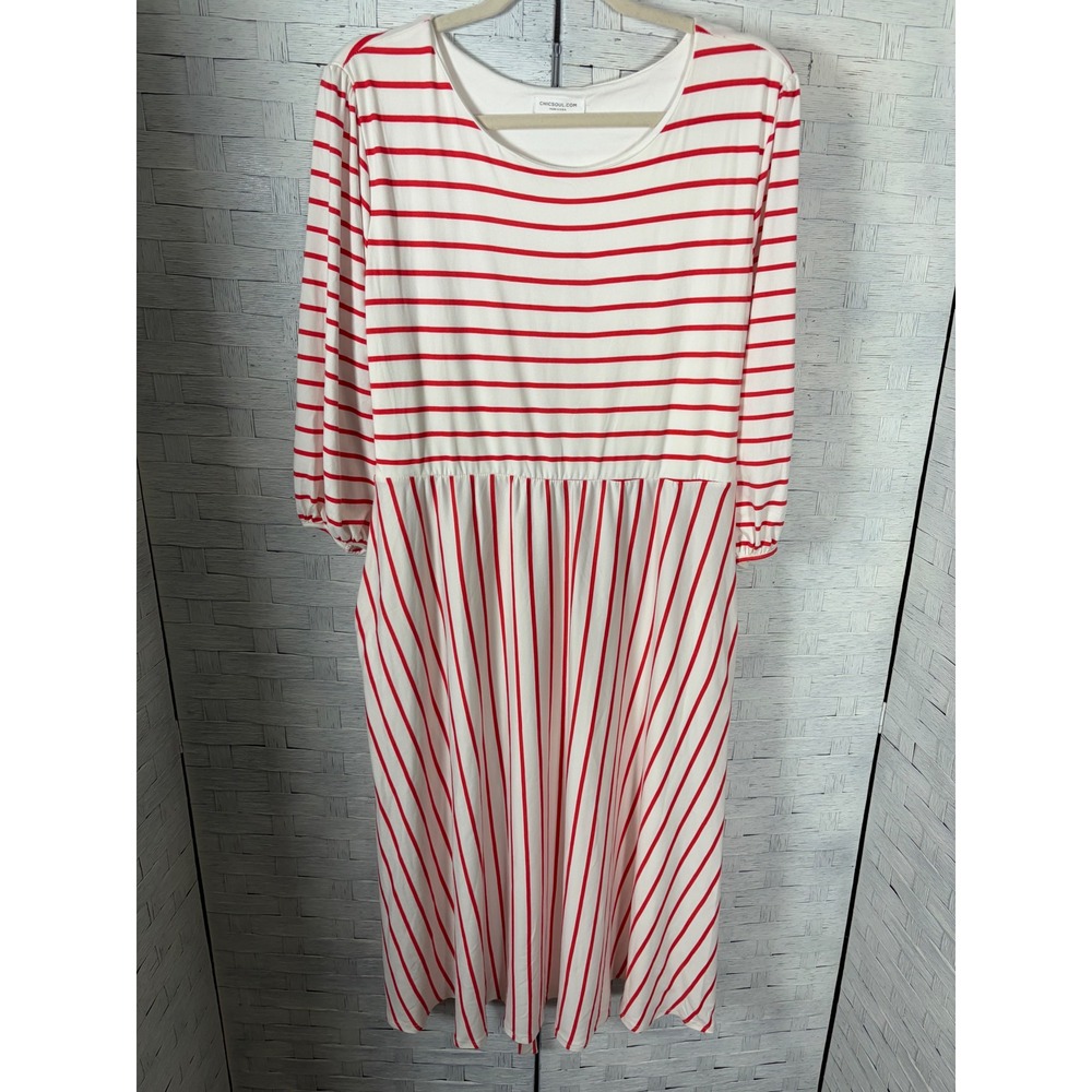 ChicSoul Dress Midi Striped Midi  Nautical 3/4 Balloon Sleeve Pockets Plus Size